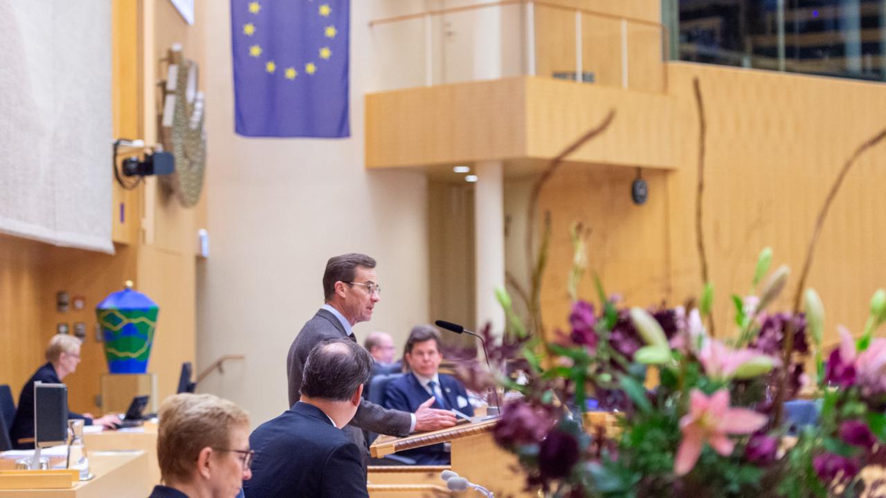 Statsminister Ulf Kristersson (M) presenterade regeringens EU-deklaration vid onsdagens partiledardebatt i riksdagen.