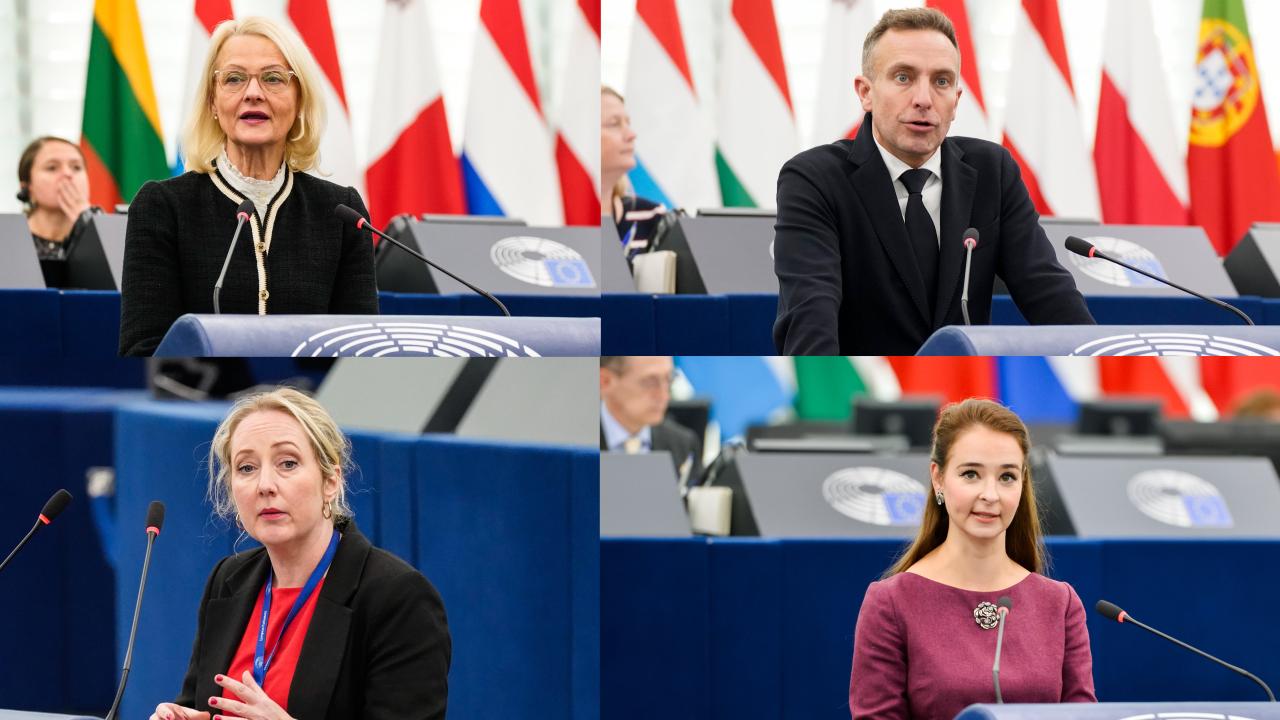 Från vänster och medurs: Heléne Fritzon (S), Tomas Tobé (M), Alice Teodorescu Måwe (KD) och Hanna Gedin (V).