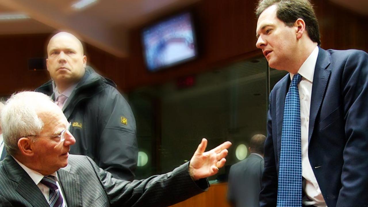 Den tyske finansministern Wolfgang Schäuble och hans brittiska kollega George Osborne. Arkivbild.