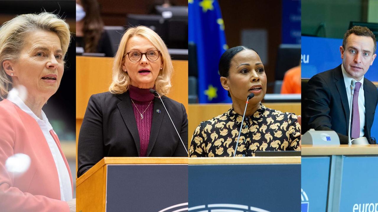 EU-kommissionens ordförande Ursula von der Leyen, EU-parlamentariker Heléne Fritzon (S), Alice Bah Kuhnke (MP) och Tomas Tobé (M).