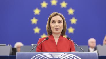 Moldaviens proeuropeiska president Maia Sandu under ett tal i EU-parlamentet i början av månaden. Arkivbild.