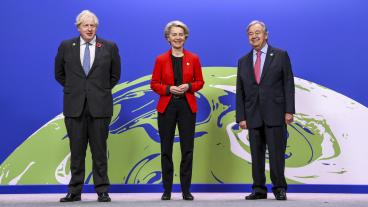 Storbritanniens premiärminister Boris Johnson, EU-kommissionens ordförande Ursula von der Leyen och FN:s generalsekreterare António Guterres på FN:s klimattoppmöte i Glasgow.