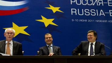 Herman Van Rompuy, Dmitrij Medvedev och José Manuel Barroso vid ett tidigare toppmöte.