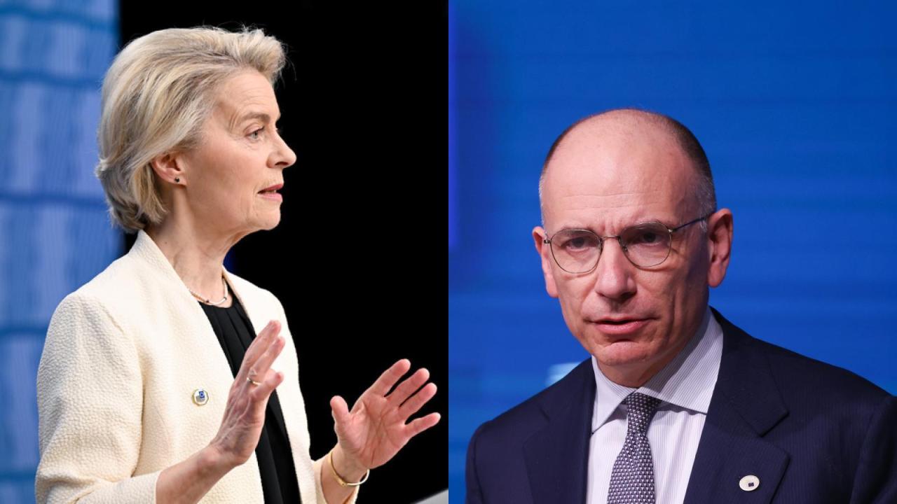 Ursula von der Leyen, EU-kommissionens ordförande och Enrico Letta, Italiens tidigare premiärminister och utredare av EU:s inre marknad. Han menar att EU-kommissionens hanterar överträdelseärenden för långsamt, och att det inte finns tillräckligt avskräckande följder för regelbrytande medlemsländer.