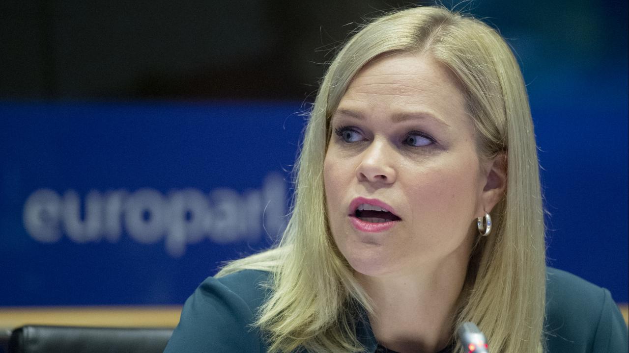 Biträdande arbetsmarknadsminister Paulina Brandberg (L) under tisdagens utfrågning i EU-parlamentet.