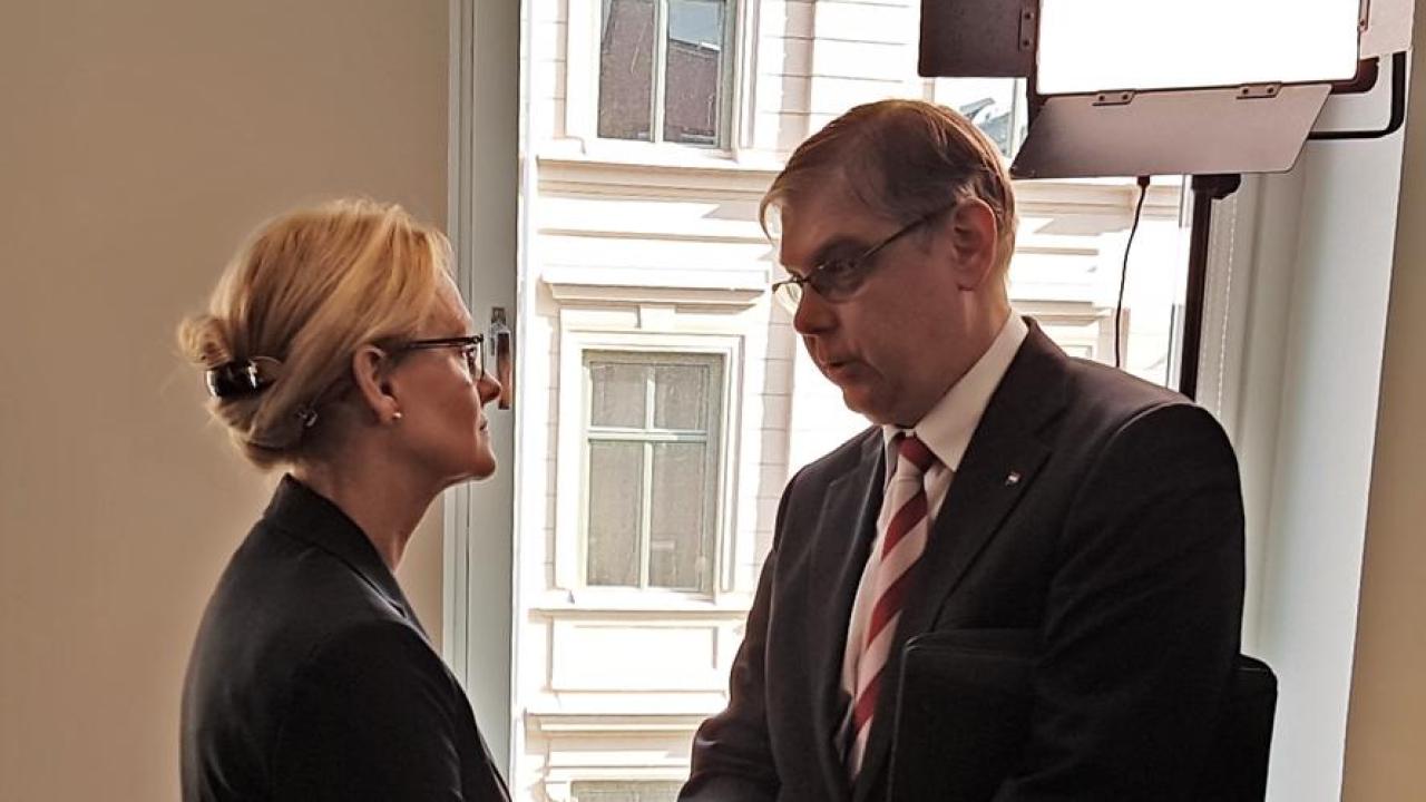 Socialdemokraternas toppkandidat Heléne Fritzon i ordväxling med det ungerska ambassadrådet Péter Győri efter en EU-debatt på den fackliga centralorganisationen TCO i Stockholm på onsdagen.