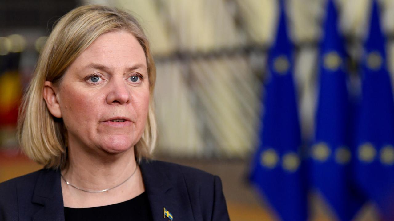 Statsminister Magdalena Andersson på EU-toppmötet i Bryssel 24 februari 2022. 
