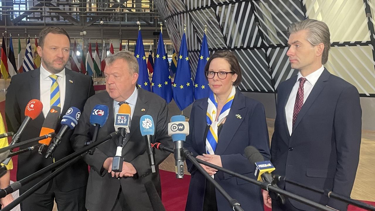Utrikesministrar inför EU-möte på måndagen. Från vänster: Estlands utrikesminister Margus Tsakhana, Danmarks Lars Løkke Rasmussen, Sveriges Maria Malmer Stenergard och Litauens Kęstutis Budrys.