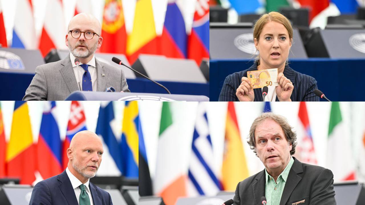 Övre raden från vänsteR: Charlie Weimers (SD) och  Emma Wiesner (C). Nedre raden: Jörgen Warborn (M) och Pär Holmgren (MP).