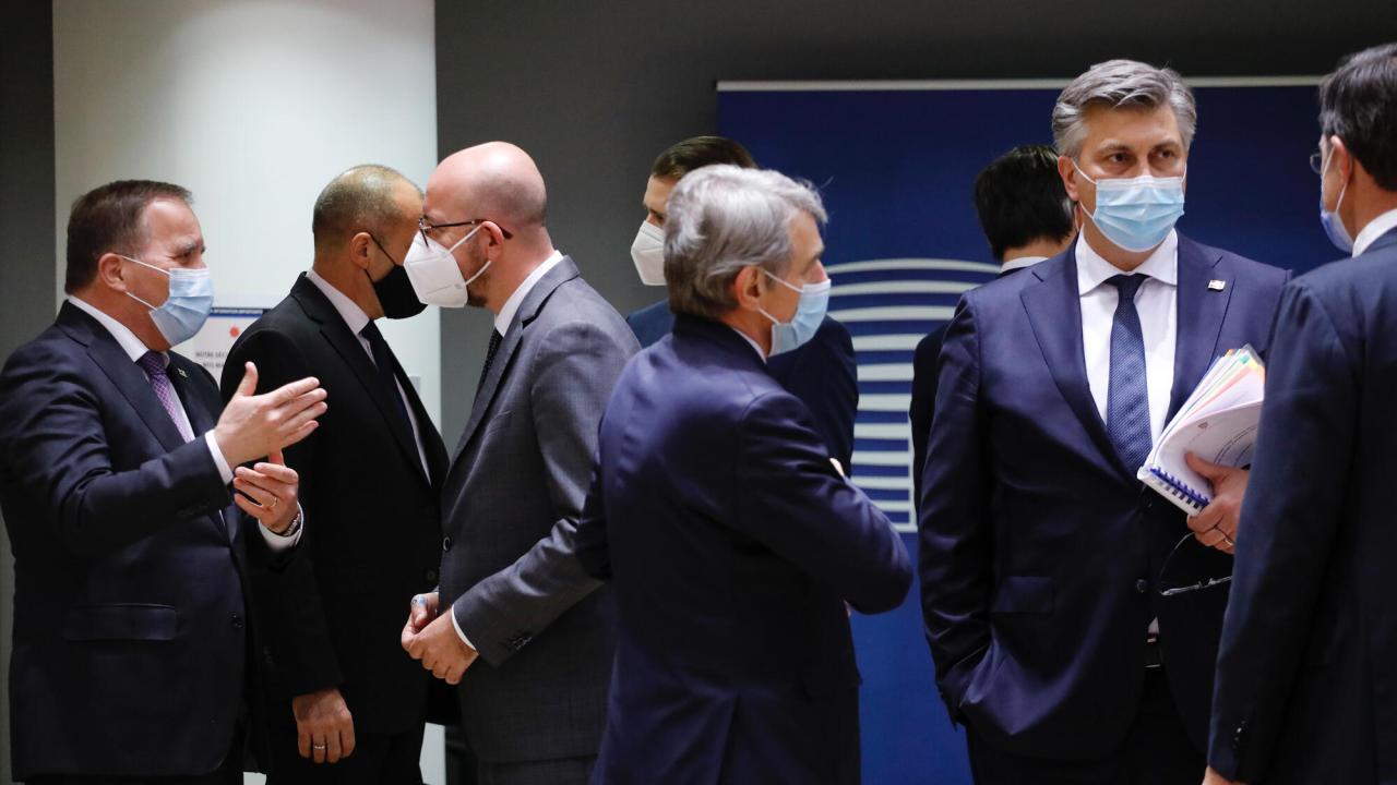 Statsminister Stefan Löfven under måndagens EU-toppmöte i Bryssel.