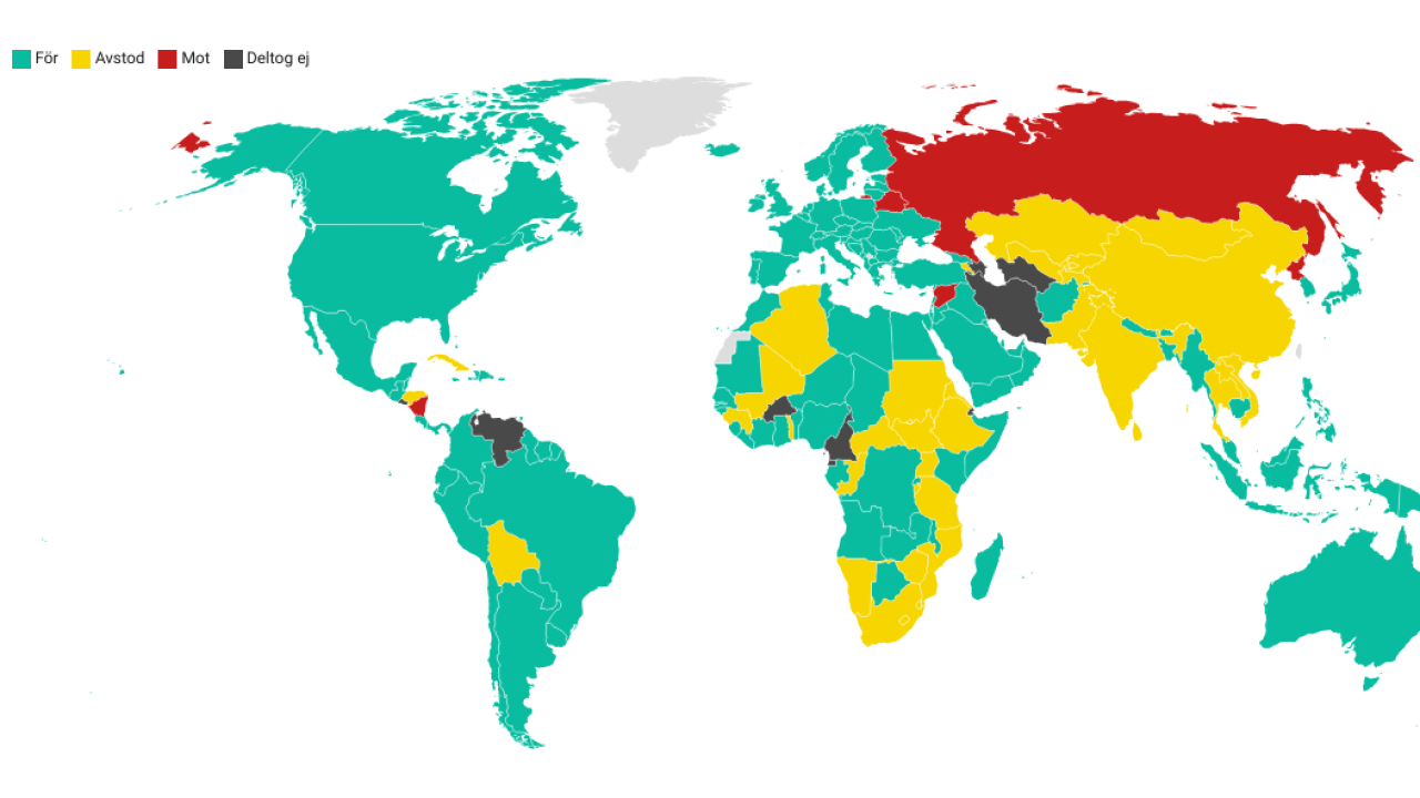 Kartan visar vilka 143 länder i FN (gröna) som tog ställning mot den ryska annekteringen av delar av Ukraina och vilka fem länder (röda) inklusive Ryssland som inte ville fördöma annekteringen.  35 länder (gula) avstod och 10 länder (svarta) deltog ej i omröstningen.