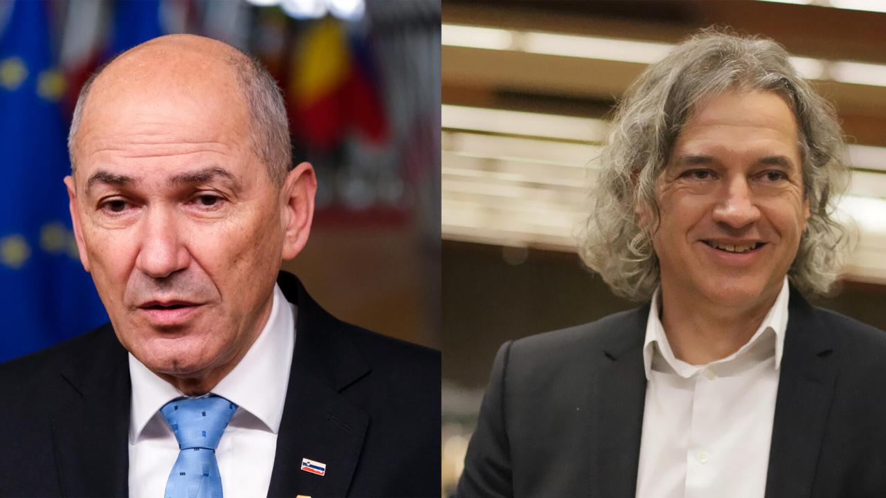 Utgående premiärminister Janez Janša och valvinnaren Robert Golob. Arkivbild