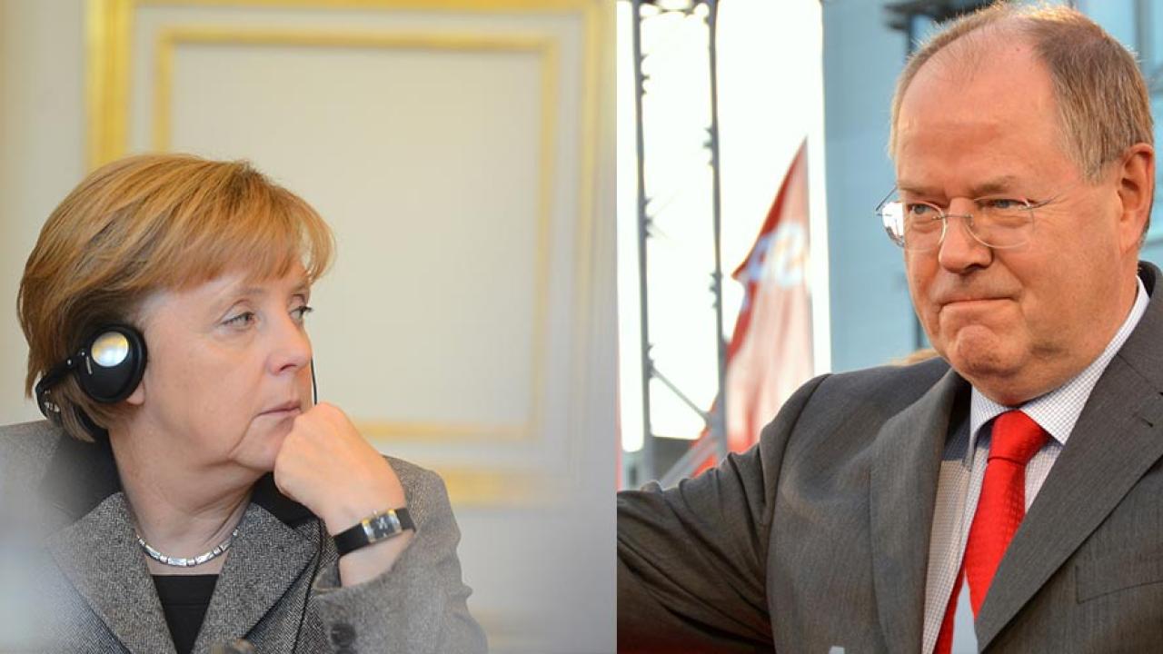 Förbundskansler Angela Merkel och socialdemokratiske förbundskanslerkandidaten Peer Steinbrück väntas förhandla om en ny storkoalition. Arkivbild.