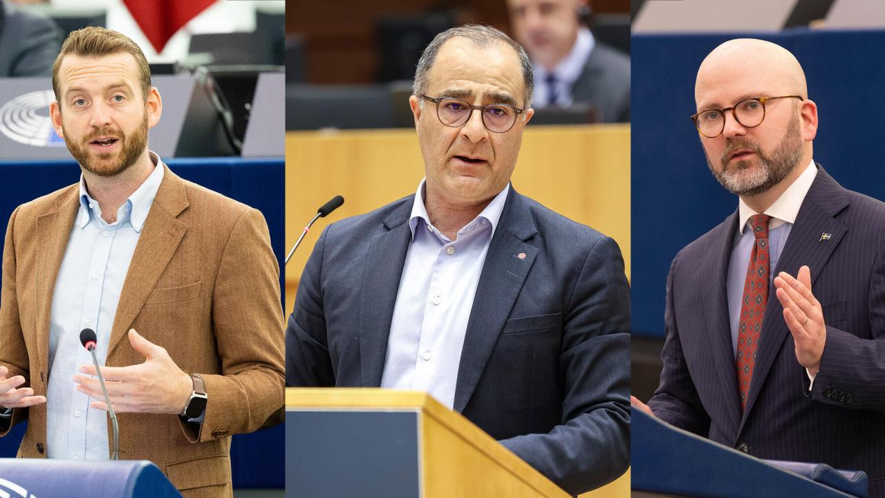 Jakop Dalunde (MP), Ilan De Basso (S) och Charlie Weimers (SD). Arkivbild.