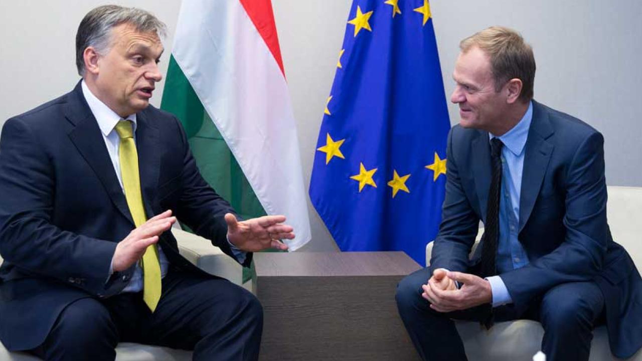 Ungerns premiärminister Viktor Orbán i samtal med Euroeiska rådets ordförande Donald Tusk.