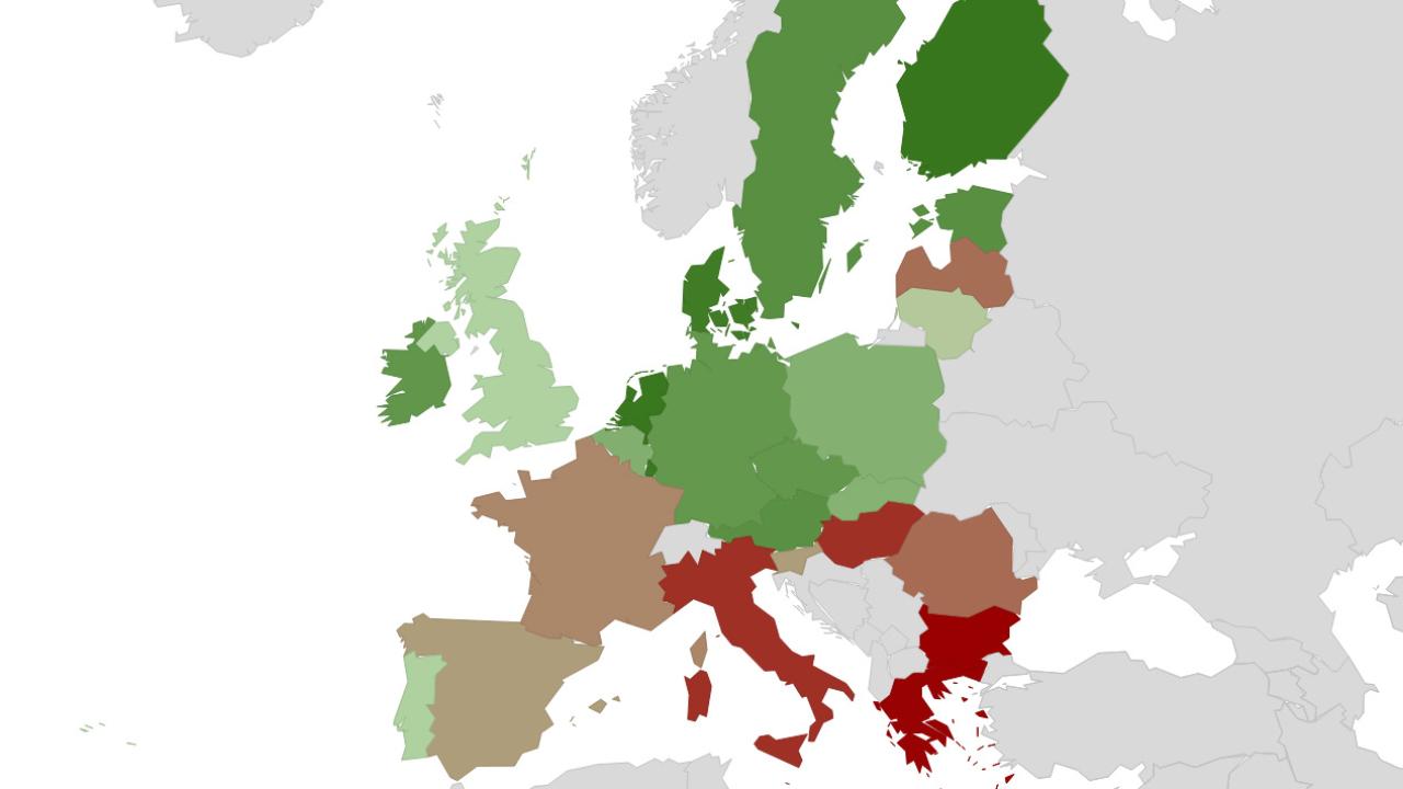 Pressfriheten i EU-länderna, enligt Reportrar utan gränser. Ju grönare, desto högre pressfrihet och vice versa för rött.