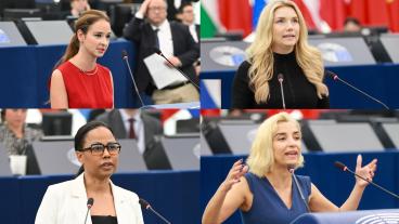 Översta raden: Alice Teodorescu Måwe (KD), Beatrice Timgren (SD). Nedre raden: Alice Bah Kuhnke (MP), Evin Incir (S).