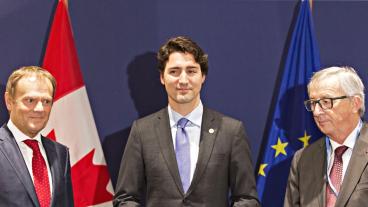 Europeiska rådets ordförande Donald Tusk, Kanadas premiärminister Justin Trudeau och EU-kommissionens ordförande Jena-Claude Juncker. Arkivbild.