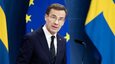 Statsminister Ulf Kristersson (M) på en pressträff efter måndagens besked från Ungern.