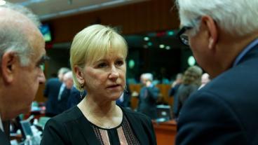 Utrikesminister Margot Wallström med sin tyske kollega Frank-Valter Steinmeier under dagens utrikesministermöte i Bryssel.