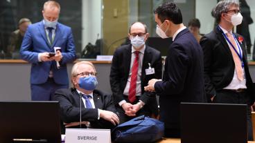 Sveriges försvarsminister Peter Hultqvist (S) under veckans EU-möte i Bryssel.