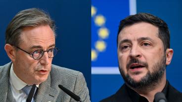 Belgiens premiärminister Bart De Wever och Ukrainas president Volodymyr Zelenskyj i samband med torsdagens EU-toppmöte.