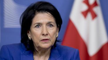 Georgiens pro-europeiska president Salomé Zurabisjvili kallar lördagens parlamentsval för "totalt bedrägeri" och uppmanar till protester. Arkivbild.