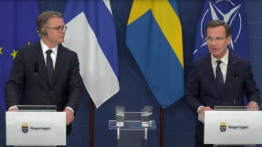 Finlands statsminister Petteri Orpo och Sveriges dito Ulf Kristersson under måndagens presskonferens i Stockholm.
