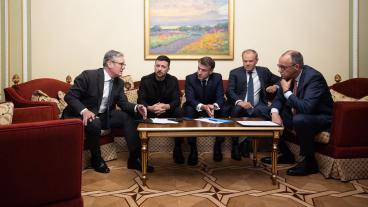 Storbritanniens premiärminister Keir Starmer, Ukrainas president Volodymyr Zelenskyj, Frankrikes president Emmanuel Macron, Polens premiärminister Donald Tusk och Tysklands förbundskansler Friedrich Merz under helgens möte.