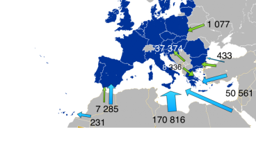 Blå pilar avser flyktingar som kom vattenvägen, gröna landvägen.