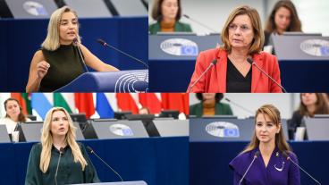 Över raden från vänster: Evin Incir (S) och Isabella Lövin (MP). Andra raden: Beatrice Timgren (SD) och Alice Teodorescu Måwe (KD).