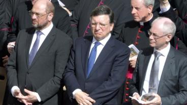 De tre största EU-institutionernas ledare: Martin Schulz, José Manuel Barroso och Herman Van Rompuy. Arkivbild.
