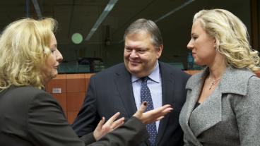 Finansministrarna Maria Fekter (Österrike), Evangelos Venizelos (Grekland) och Jutta Urpilainen (Finland). Arkivbild.